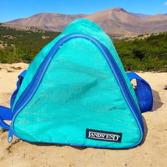 Vintage Lands End Triangle Cooler Bag Retro Sandwich Lunch Work Tote Teal Blue - Picture 1 of 11